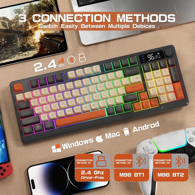 LexonElec M96 Wireless Gaming Keyboard,Knob Control Bluetooth/2.4G Wireless Mechanical Feeling Keyboard,RGB LED Backlit with Display Screen, PBT Keycap,3000mAh, 94-Key Layout for Win/Mac (Shimmer) - Image 3